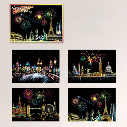 DIY Night Scene Scratch Art - 4-Piece City Landscape Set