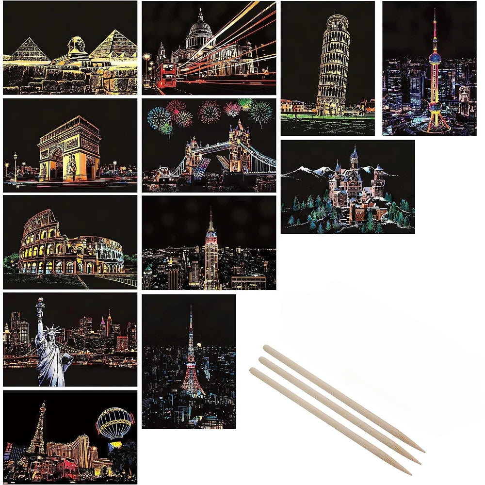 DIY Night Scene Scratch Art - 4-Piece City Landscape Set