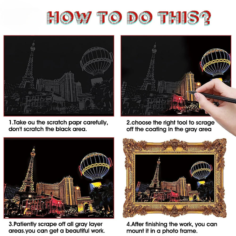 DIY Night Scene Scratch Art - 4-Piece City Landscape Set